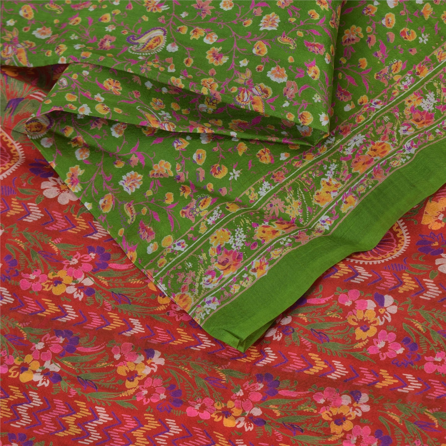 Sanskriti Vintage Sarees Green/Pink Pure Silk Printed Sari 5yd Craft Sustainable Fabric