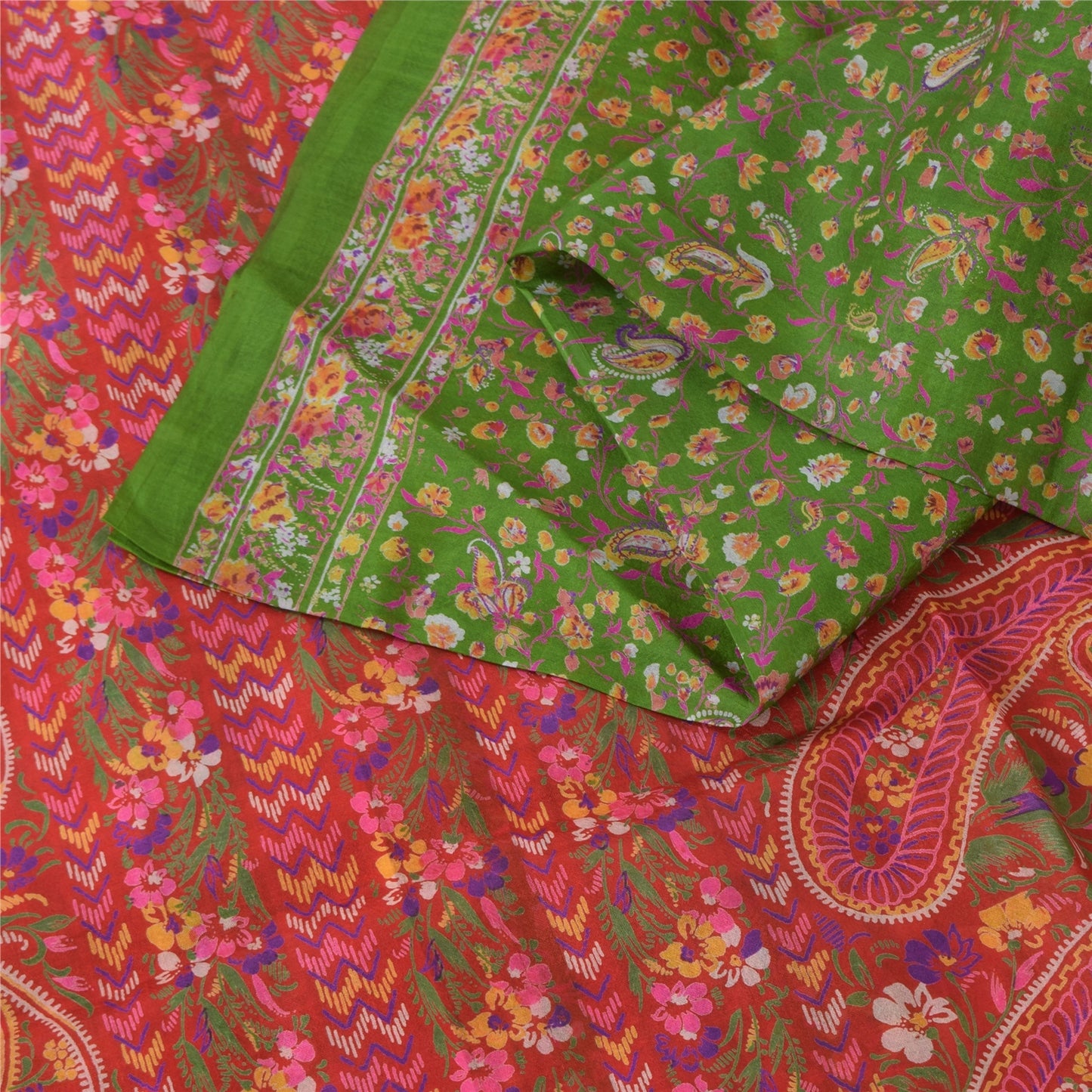 Sanskriti Vintage Sarees Green/Pink Pure Silk Printed Sari 5yd Craft Sustainable Fabric