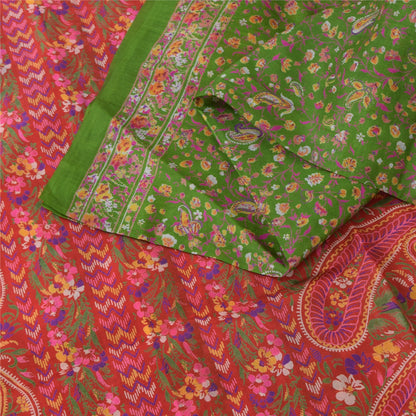 Sanskriti Vintage Sarees Green/Pink Pure Silk Printed Sari 5yd Craft Sustainable Fabric