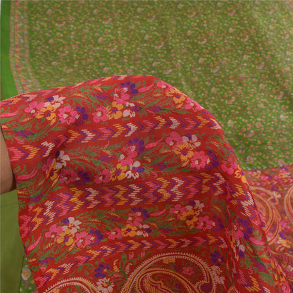 Sanskriti Vintage Sarees Green/Pink Pure Silk Printed Sari 5yd Craft Sustainable Fabric