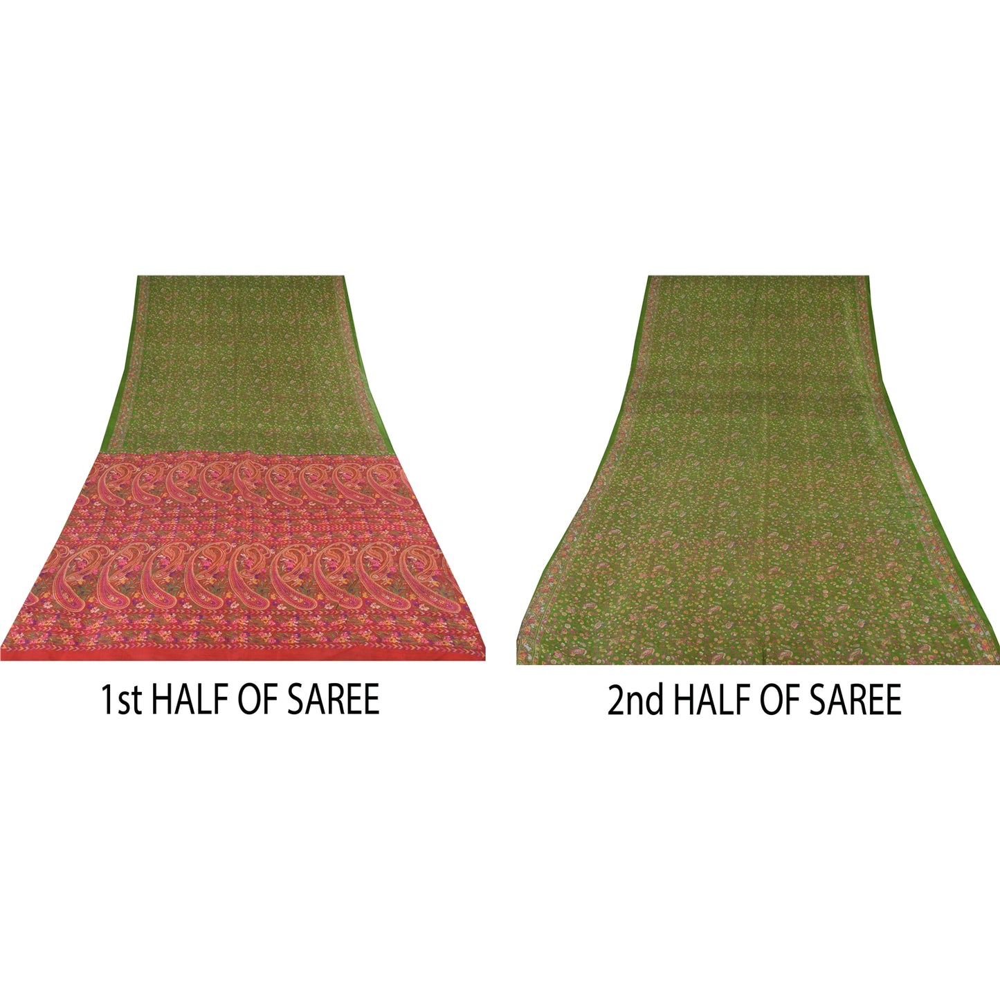 Sanskriti Vintage Sarees Green/Pink Pure Silk Printed Sari 5yd Craft Sustainable Fabric