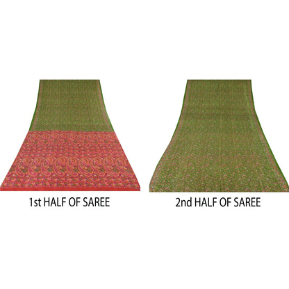 Sanskriti Vintage Sarees Green/Pink Pure Silk Printed Sari 5yd Craft Sustainable Fabric