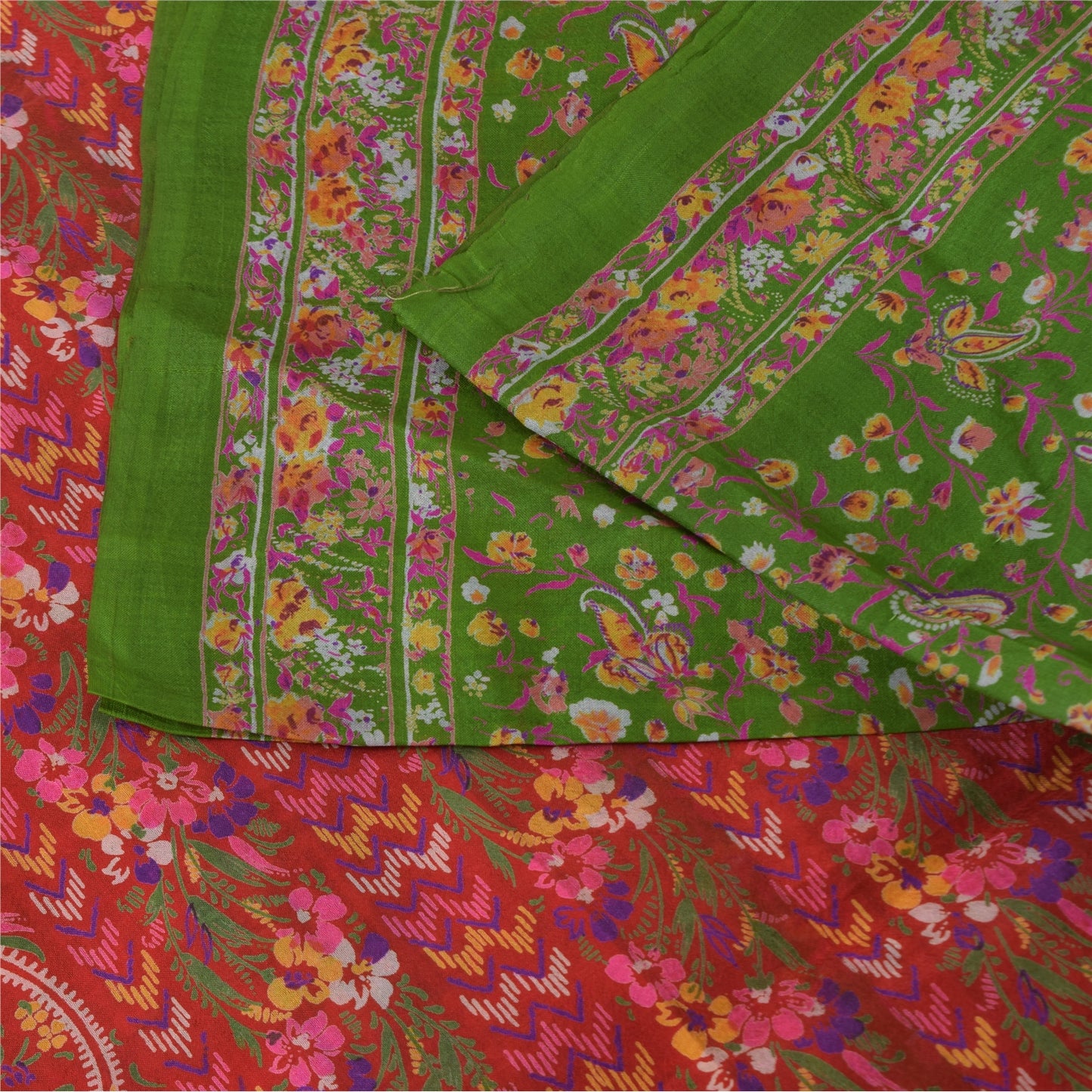 Sanskriti Vintage Sarees Green/Pink Pure Silk Printed Sari 5yd Craft Sustainable Fabric