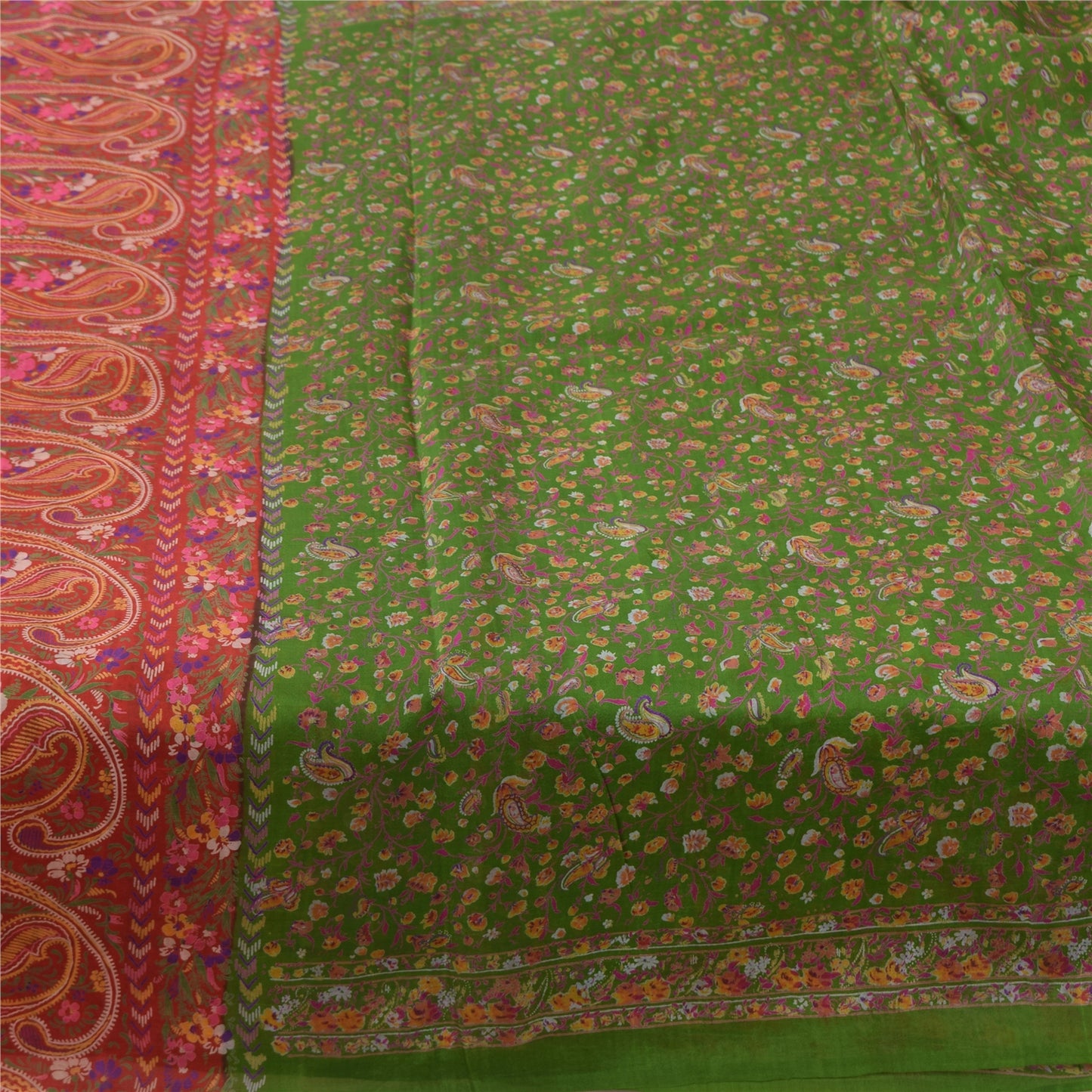 Sanskriti Vintage Sarees Green/Pink Pure Silk Printed Sari 5yd Craft Sustainable Fabric