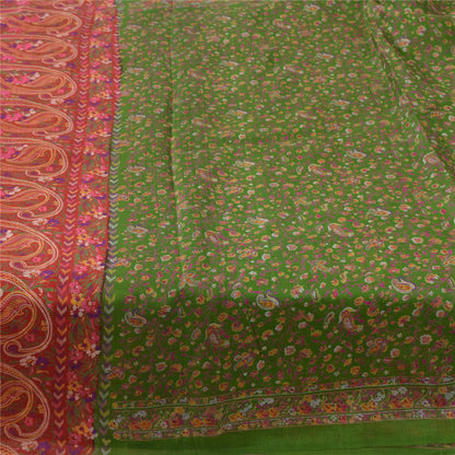 Sanskriti Vintage Sarees Green/Pink Pure Silk Printed Sari 5yd Craft Sustainable Fabric