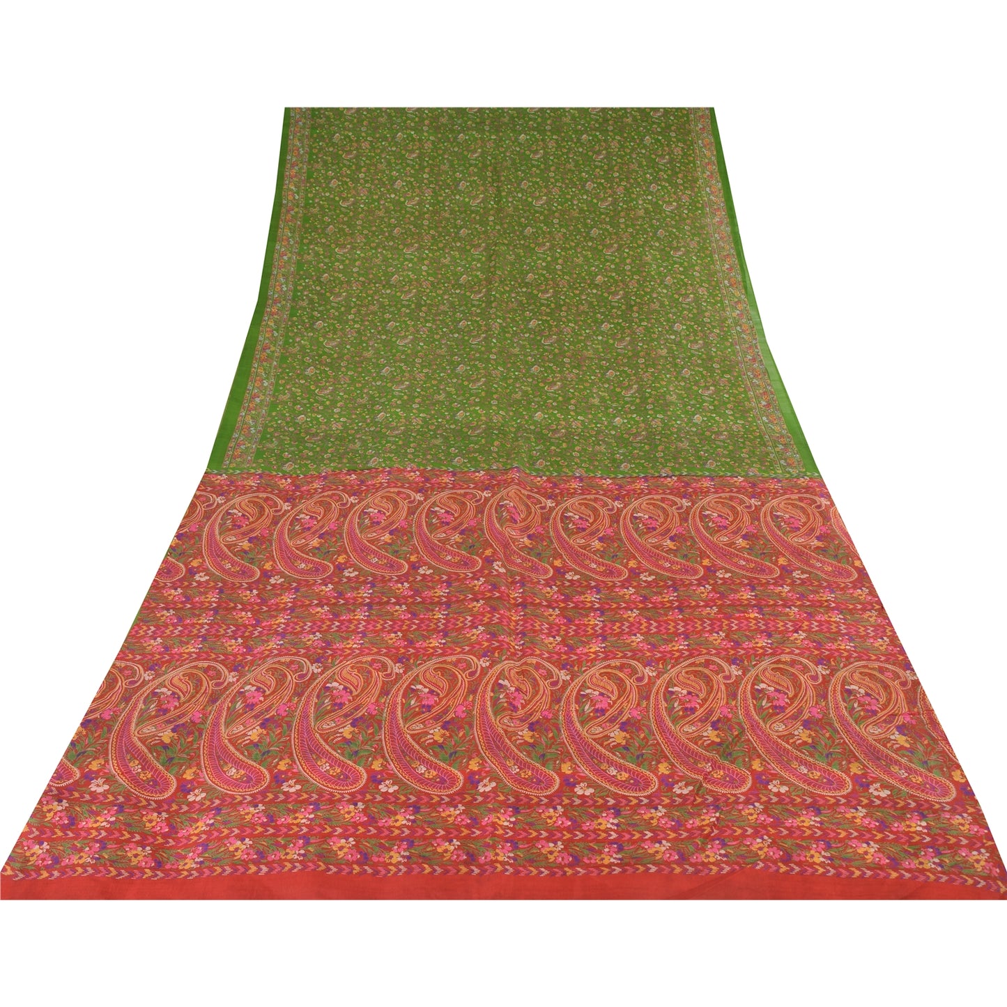 Sanskriti Vintage Sarees Green/Pink Pure Silk Printed Sari 5yd Craft Sustainable Fabric