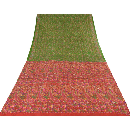 Sanskriti Vintage Sarees Green/Pink Pure Silk Printed Sari 5yd Craft Sustainable Fabric
