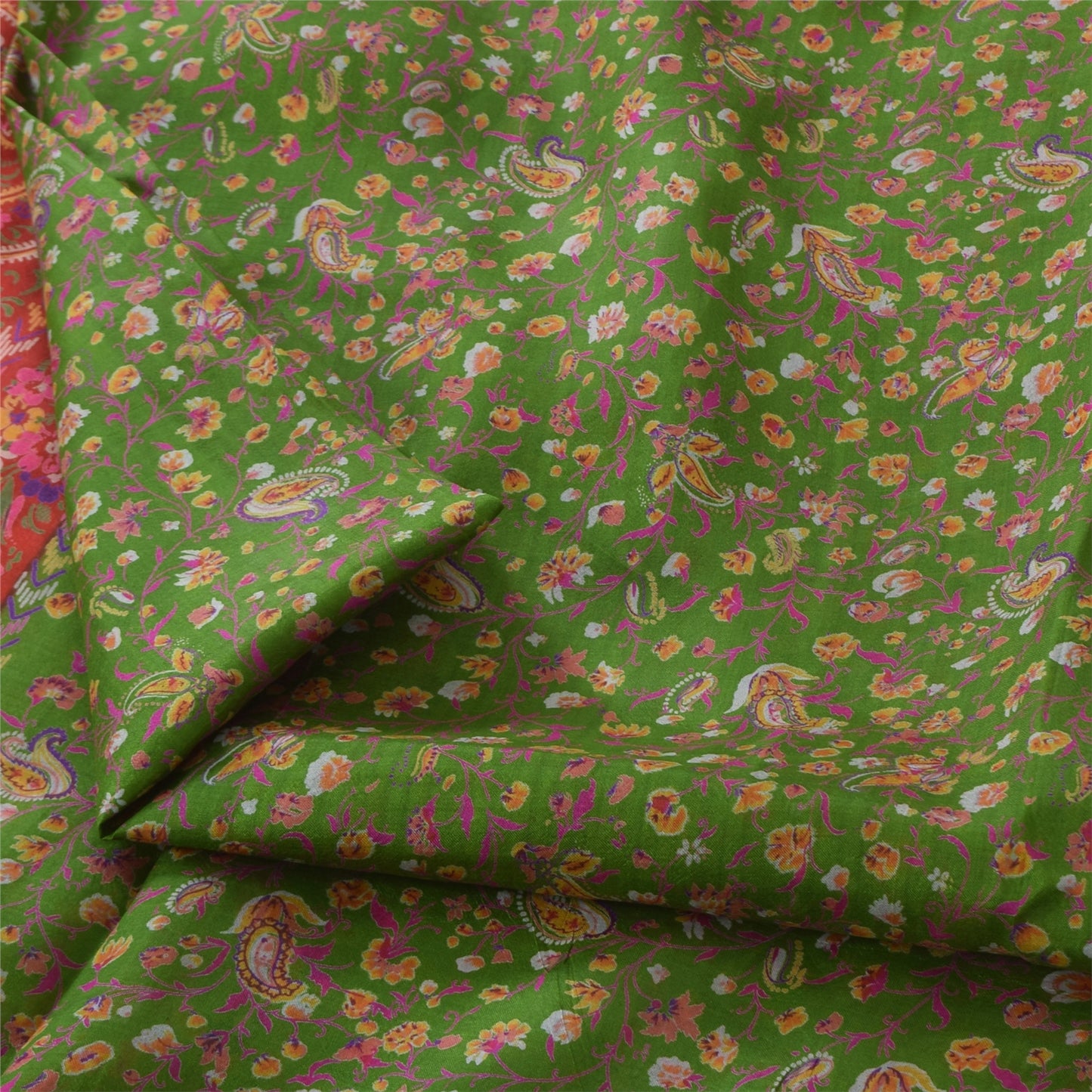 Sanskriti Vintage Sarees Green/Pink Pure Silk Printed Sari 5yd Craft Sustainable Fabric