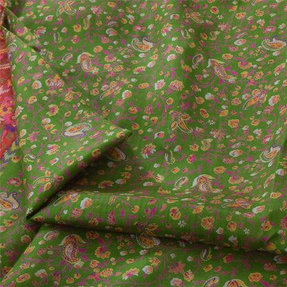 Sanskriti Vintage Sarees Green/Pink Pure Silk Printed Sari 5yd Craft Sustainable Fabric