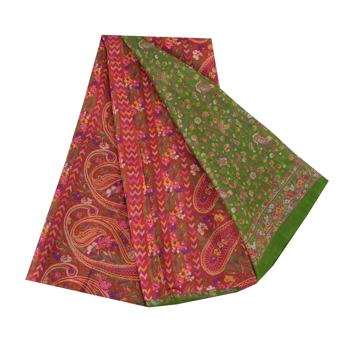 Sanskriti Vintage Sarees Green/Pink Pure Silk Printed Sari 5yd Craft Sustainable Fabric