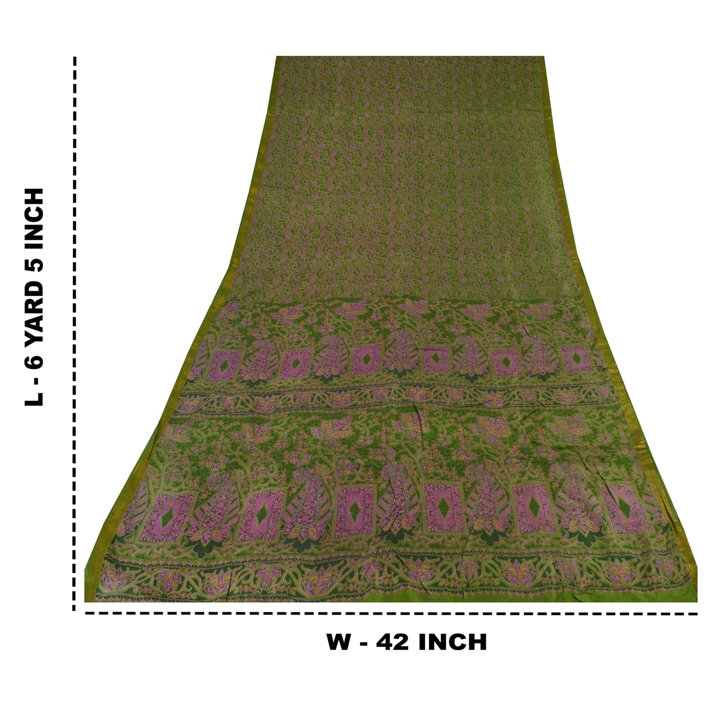 Sanskriti Vintage Sarees Green Zari Border Pure Silk Print Sari 6yd Craft Sustainable Fabric