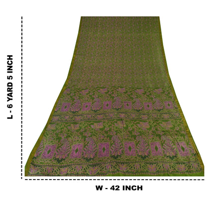 Sanskriti Vintage Sarees Green Zari Border Pure Silk Print Sari 6yd Craft Sustainable Fabric