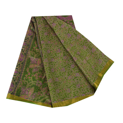 Sanskriti Vintage Sarees Green Zari Border Pure Silk Print Sari 6yd Craft Sustainable Fabric