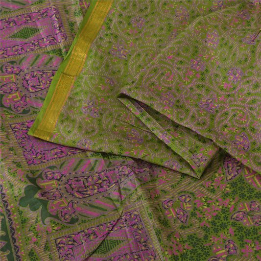 Sanskriti Vintage Sarees Green Zari Border Pure Silk Print Sari 6yd Craft Sustainable Fabric