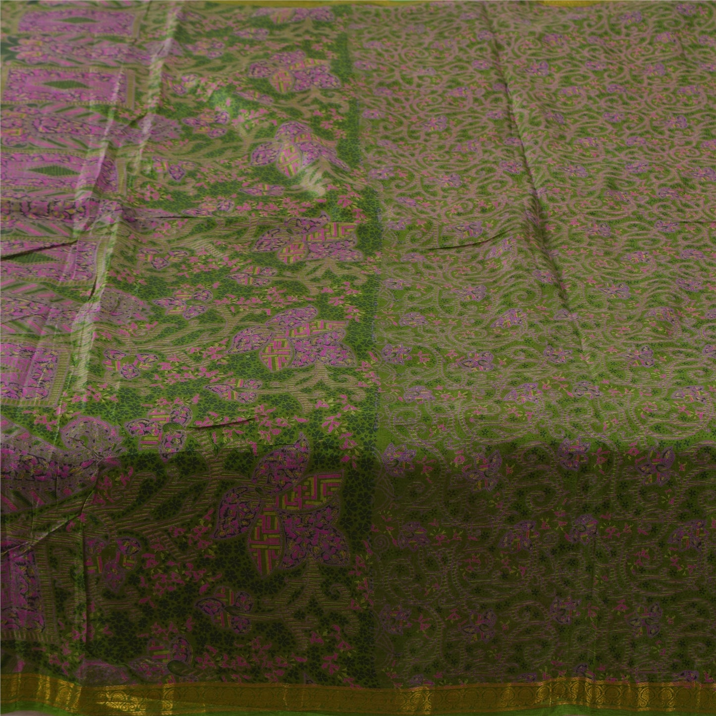 Sanskriti Vintage Sarees Green Zari Border Pure Silk Print Sari 6yd Craft Sustainable Fabric