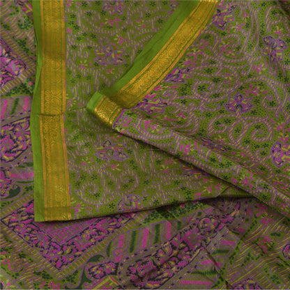 Sanskriti Vintage Sarees Green Zari Border Pure Silk Print Sari 6yd Craft Sustainable Fabric