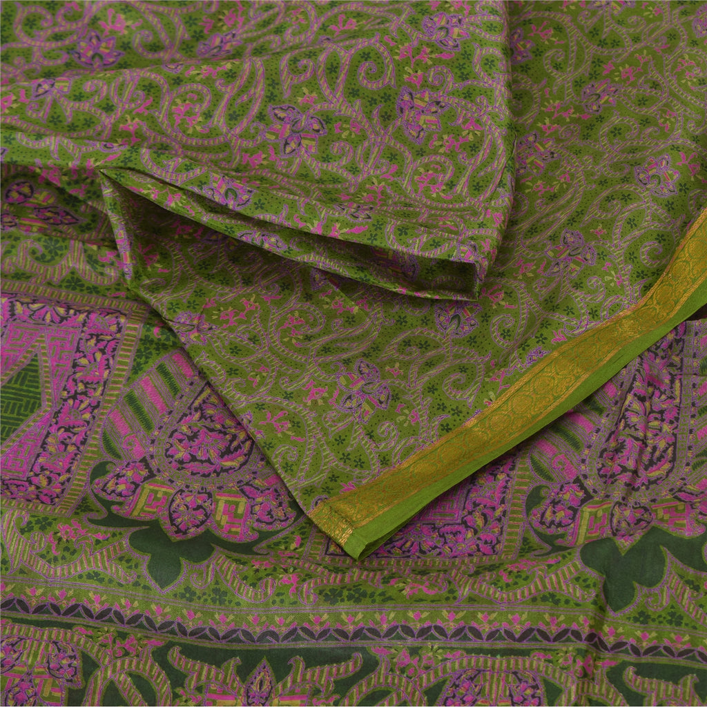 Sanskriti Vintage Sarees Green Zari Border Pure Silk Print Sari 6yd Craft Sustainable Fabric