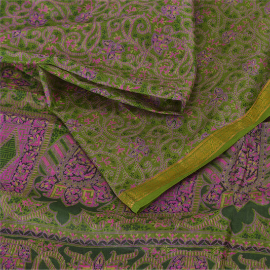 Sanskriti Vintage Sarees Green Zari Border Pure Silk Print Sari 6yd Craft Sustainable Fabric