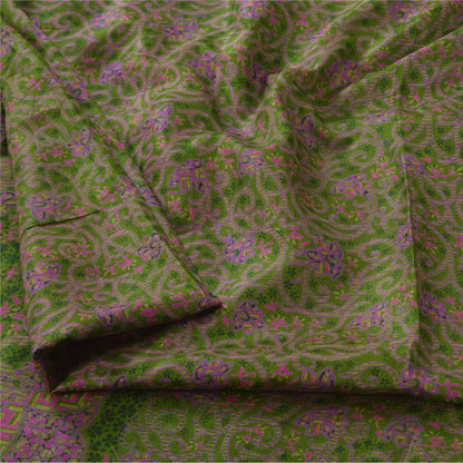 Sanskriti Vintage Sarees Green Zari Border Pure Silk Print Sari 6yd Craft Sustainable Fabric