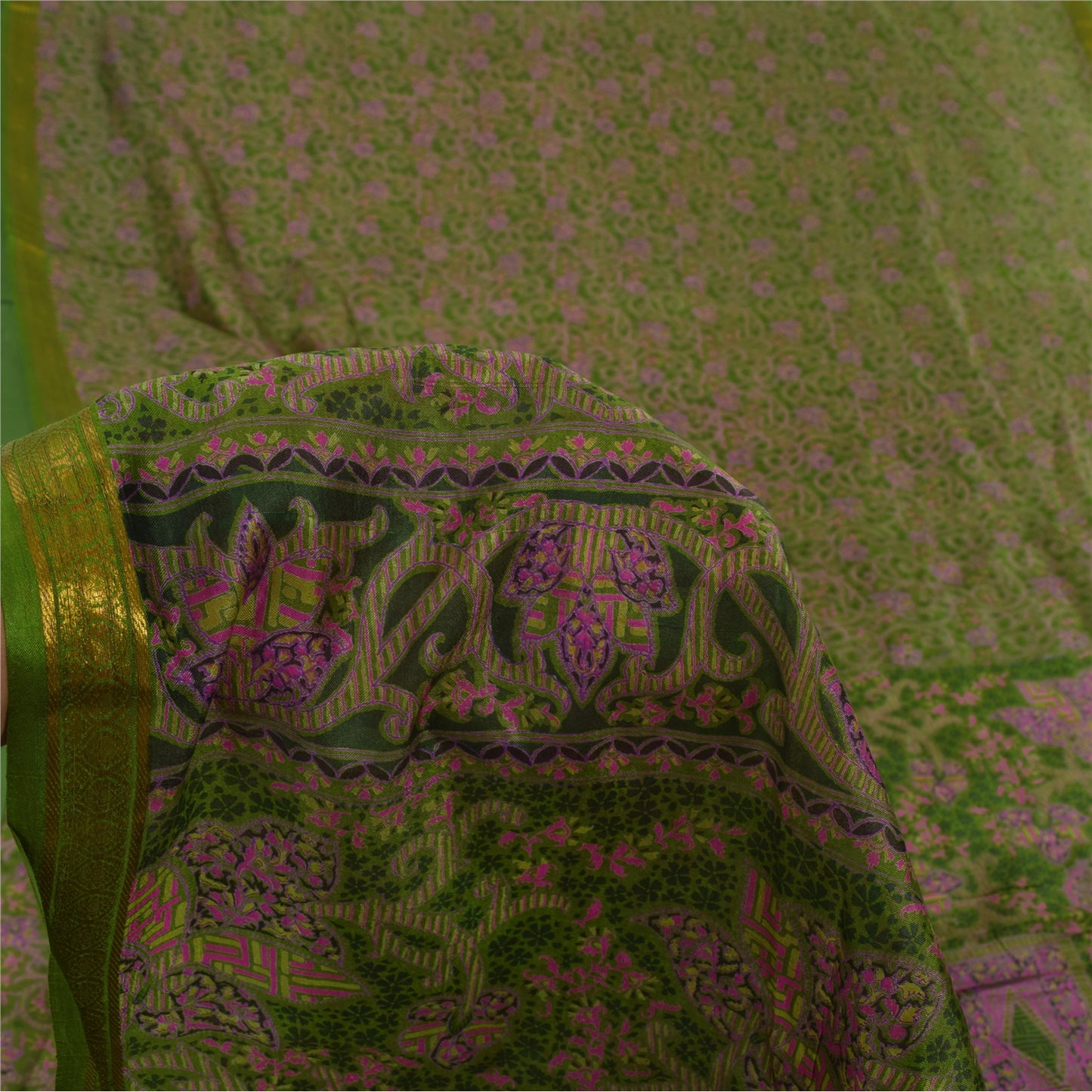 Sanskriti Vintage Sarees Green Zari Border Pure Silk Print Sari 6yd Craft Sustainable Fabric