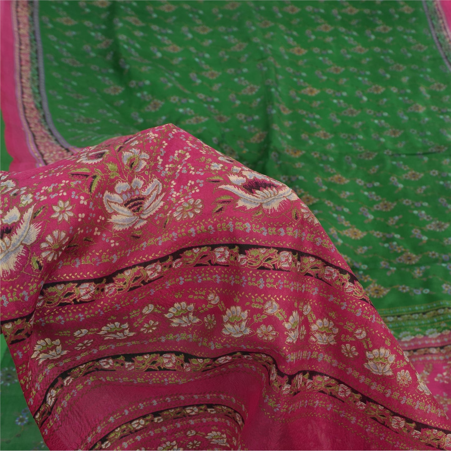 Sanskriti Vintage Sarees Green/Pink 100% Pure Silk Printed Sari 5yd Craft Sustainable Fabric