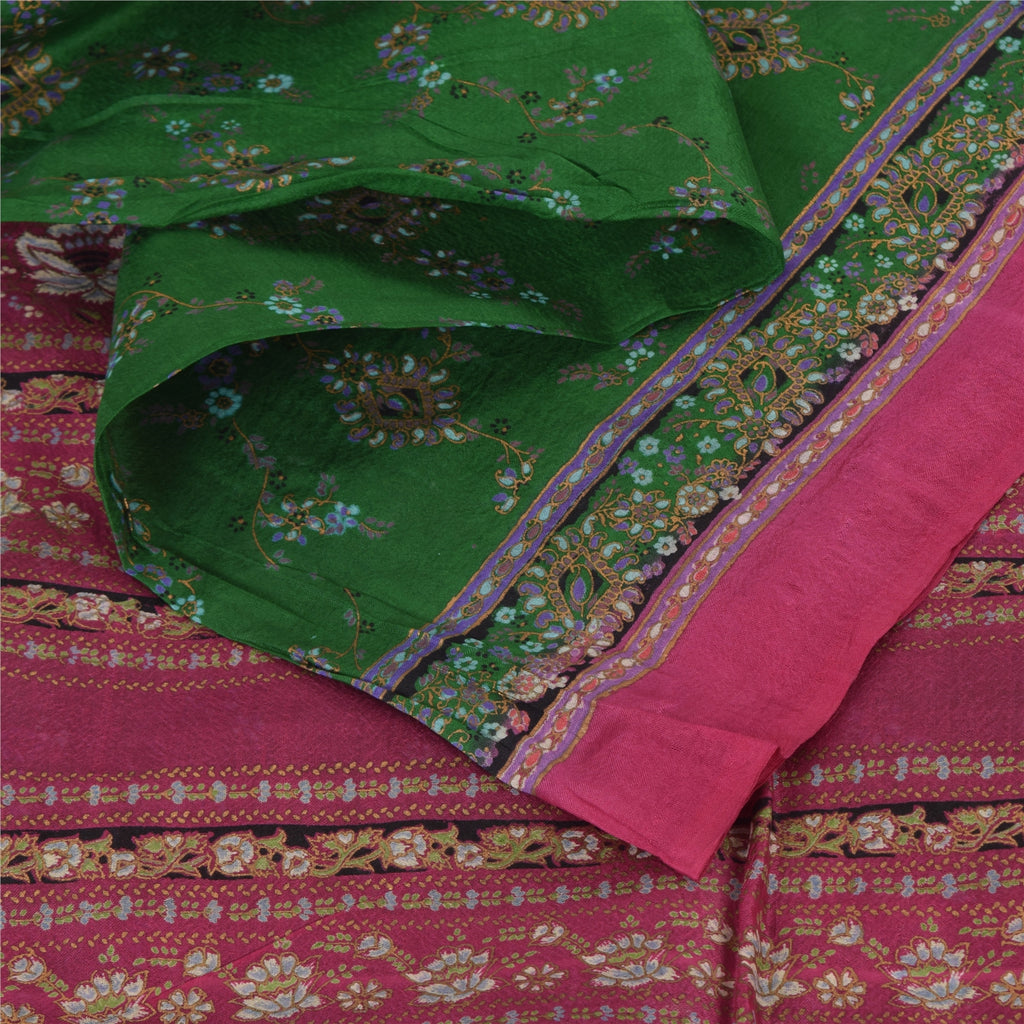 Sanskriti Vintage Sarees Green/Pink 100% Pure Silk Printed Sari 5yd Craft Sustainable Fabric