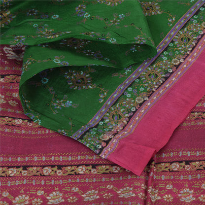 Sanskriti Vintage Sarees Green/Pink 100% Pure Silk Printed Sari 5yd Craft Sustainable Fabric