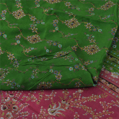 Sanskriti Vintage Sarees Green/Pink 100% Pure Silk Printed Sari 5yd Craft Sustainable Fabric