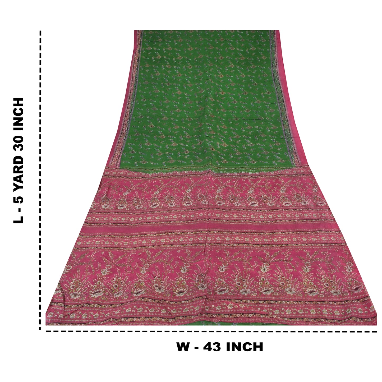 Sanskriti Vintage Sarees Green/Pink 100% Pure Silk Printed Sari 5yd Craft Sustainable Fabric