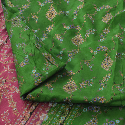 Sanskriti Vintage Sarees Green/Pink 100% Pure Silk Printed Sari 5yd Craft Sustainable Fabric