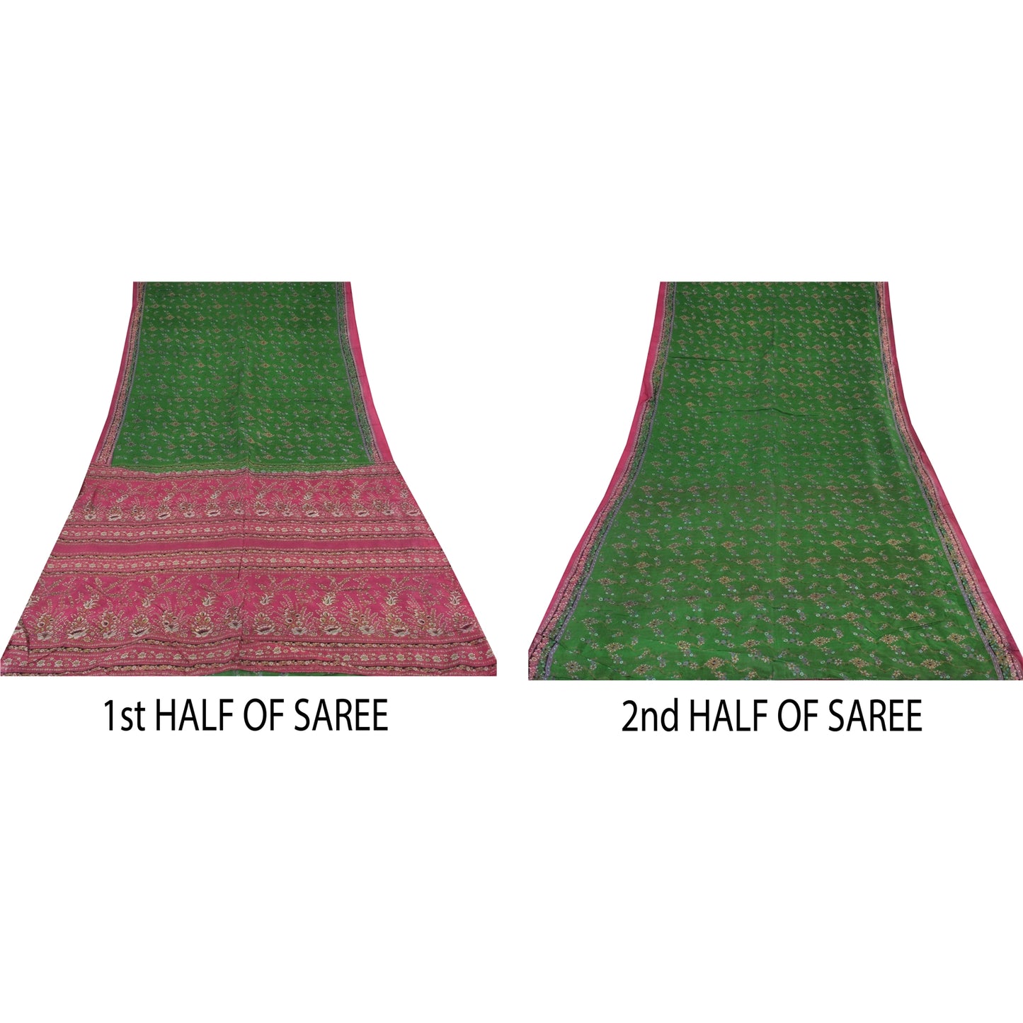 Sanskriti Vintage Sarees Green/Pink 100% Pure Silk Printed Sari 5yd Craft Sustainable Fabric