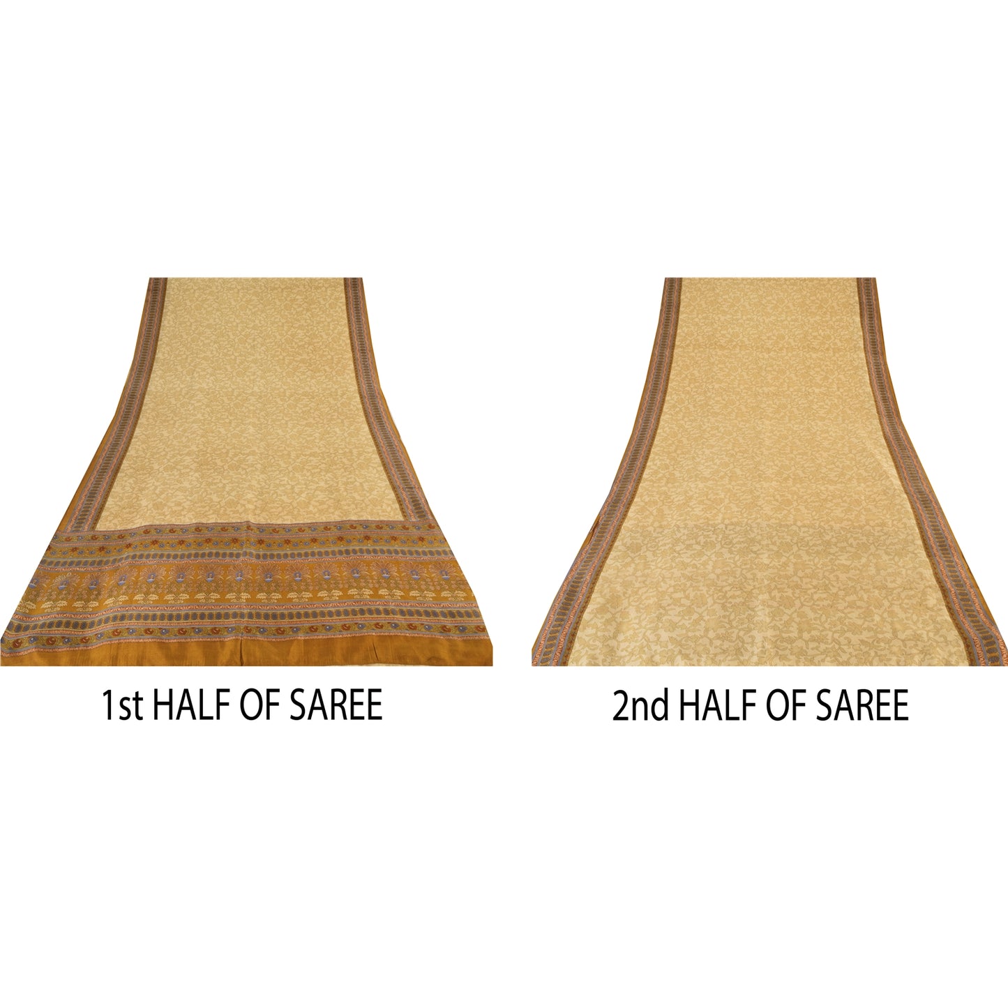 Sanskriti Vintage Sarees Beige Indian Pure Silk Printed Sari 5yd Craft Sustainable Fabric