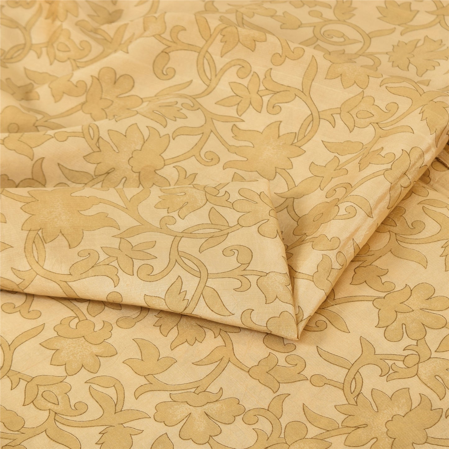 Sanskriti Vintage Sarees Beige Indian Pure Silk Printed Sari 5yd Craft Sustainable Fabric