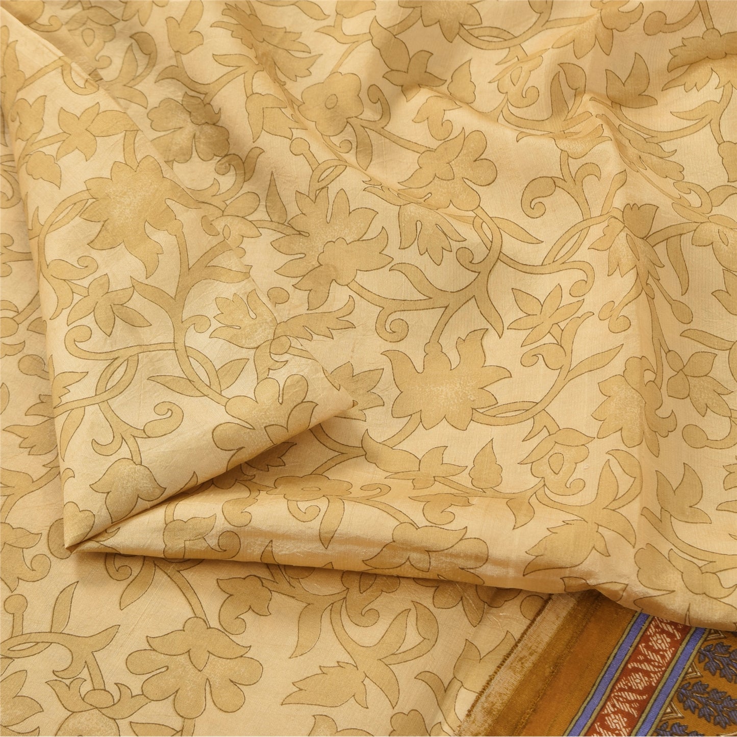 Sanskriti Vintage Sarees Beige Indian Pure Silk Printed Sari 5yd Craft Sustainable Fabric