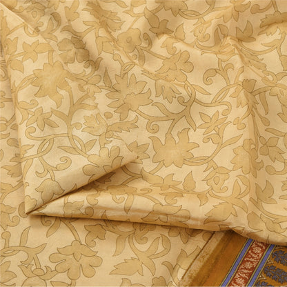 Sanskriti Vintage Sarees Beige Indian Pure Silk Printed Sari 5yd Craft Sustainable Fabric