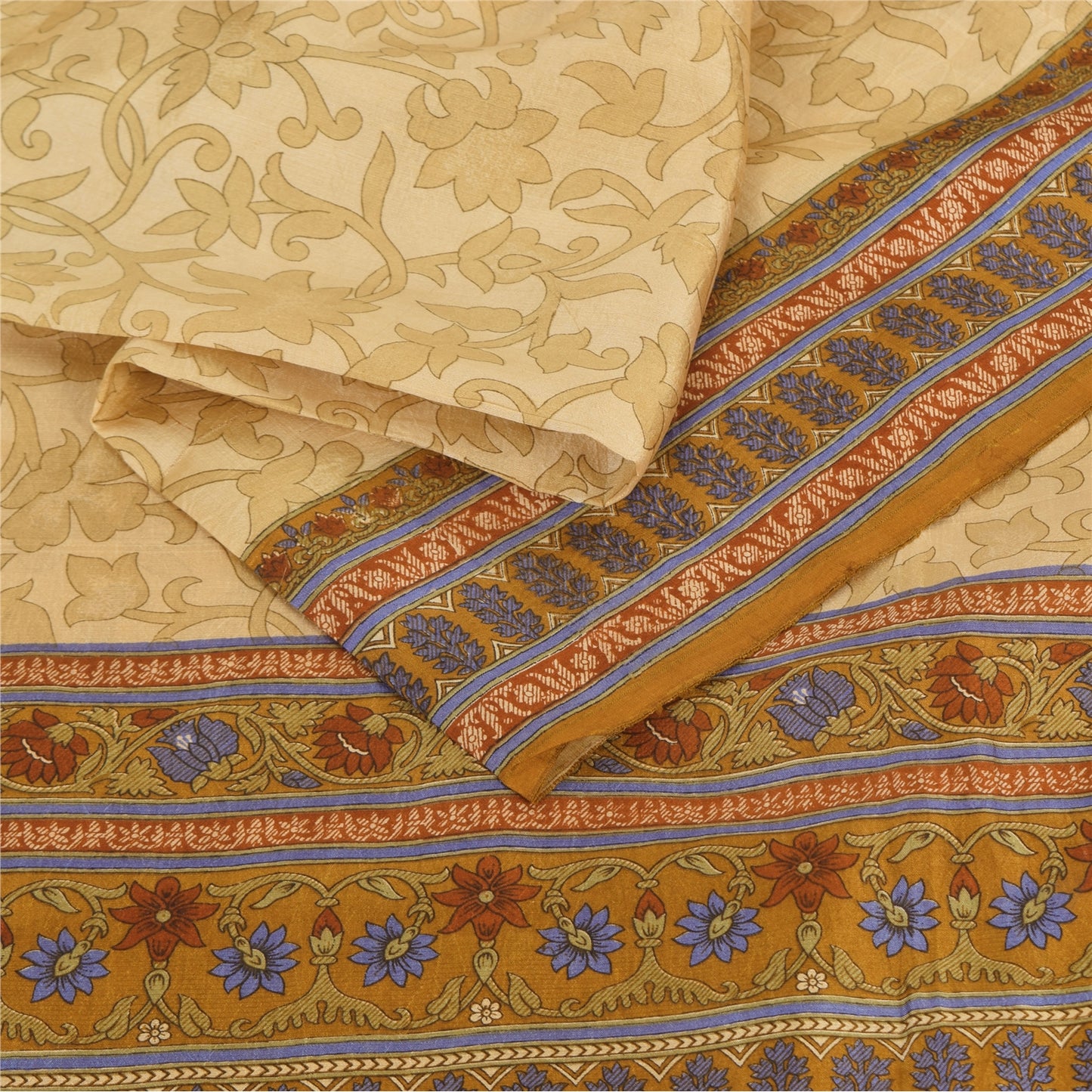 Sanskriti Vintage Sarees Beige Indian Pure Silk Printed Sari 5yd Craft Sustainable Fabric