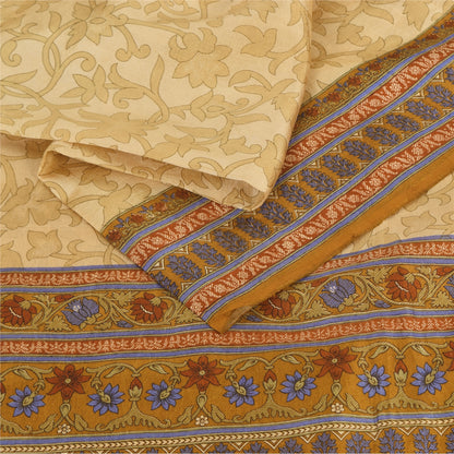 Sanskriti Vintage Sarees Beige Indian Pure Silk Printed Sari 5yd Craft Sustainable Fabric