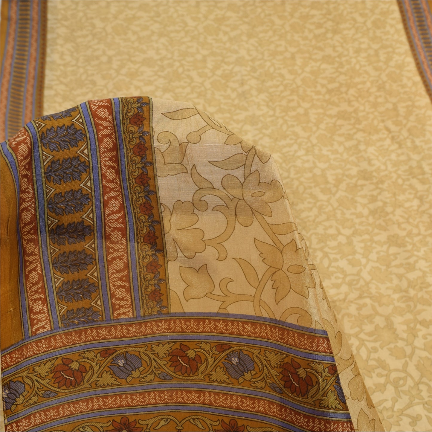 Sanskriti Vintage Sarees Beige Indian Pure Silk Printed Sari 5yd Craft Sustainable Fabric