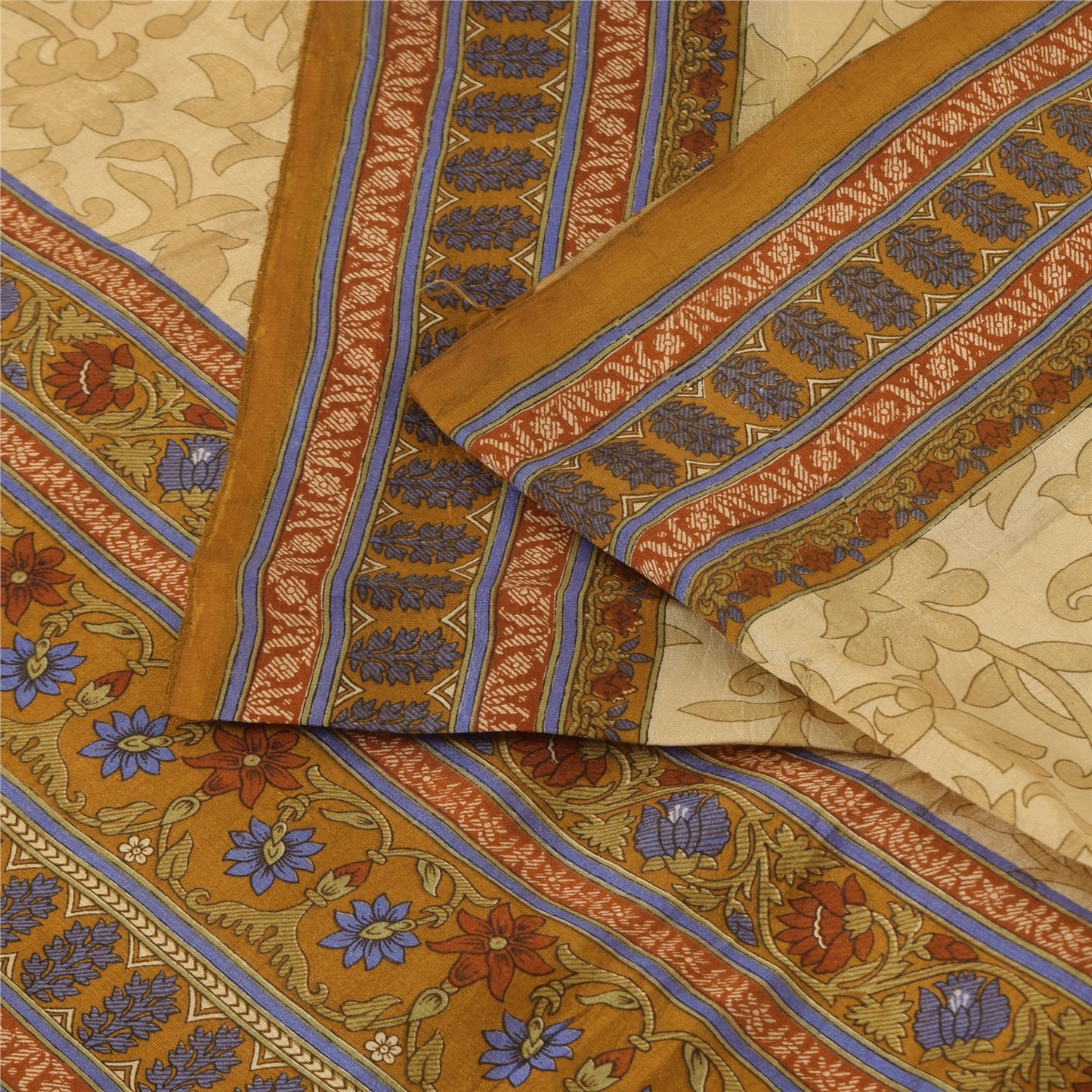 Sanskriti Vintage Sarees Beige Indian Pure Silk Printed Sari 5yd Craft Sustainable Fabric