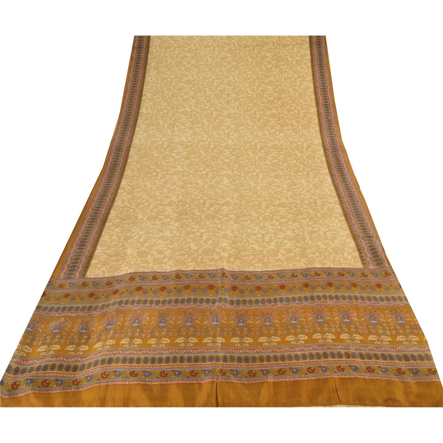 Sanskriti Vintage Sarees Beige Indian Pure Silk Printed Sari 5yd Craft Sustainable Fabric