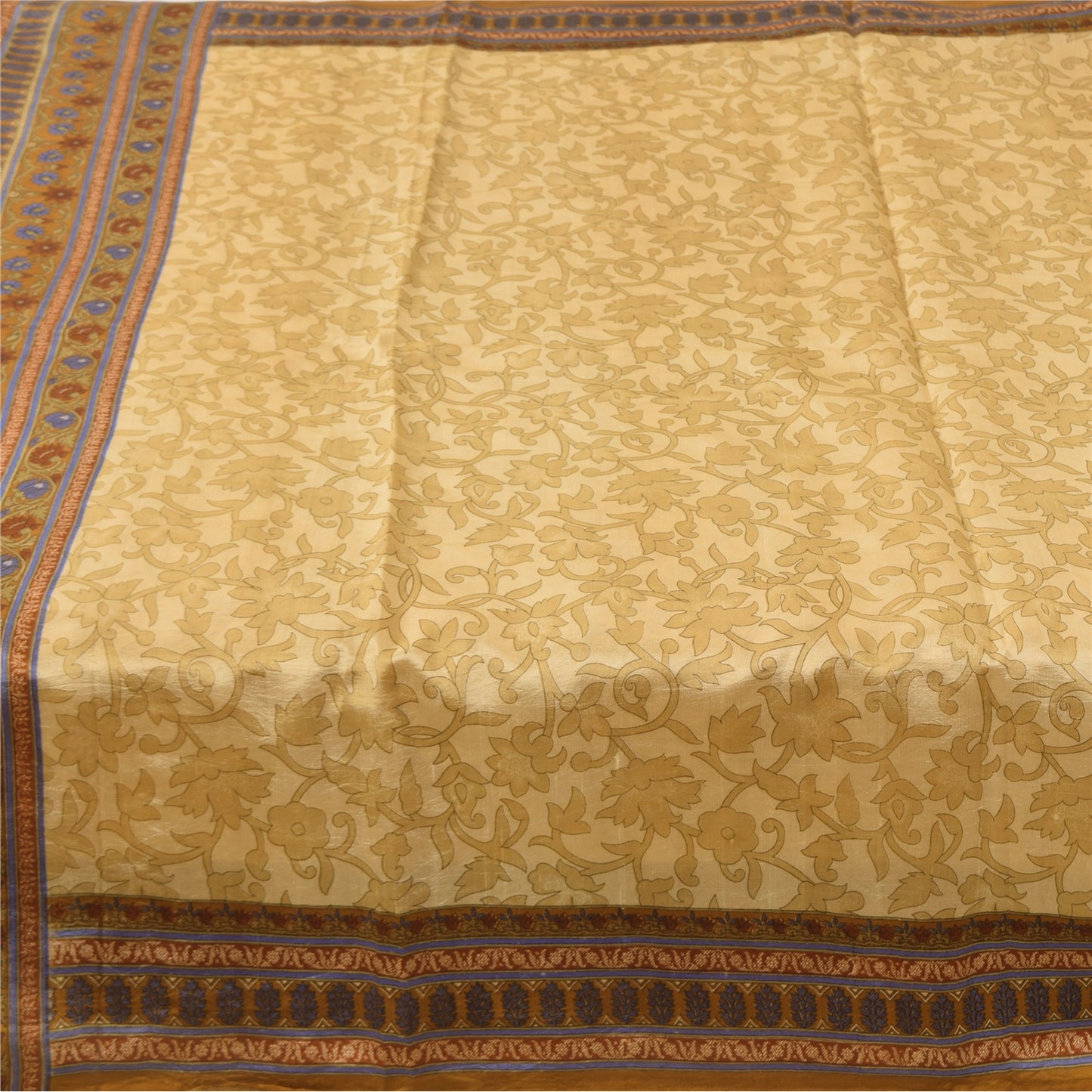 Sanskriti Vintage Sarees Beige Indian Pure Silk Printed Sari 5yd Craft Sustainable Fabric