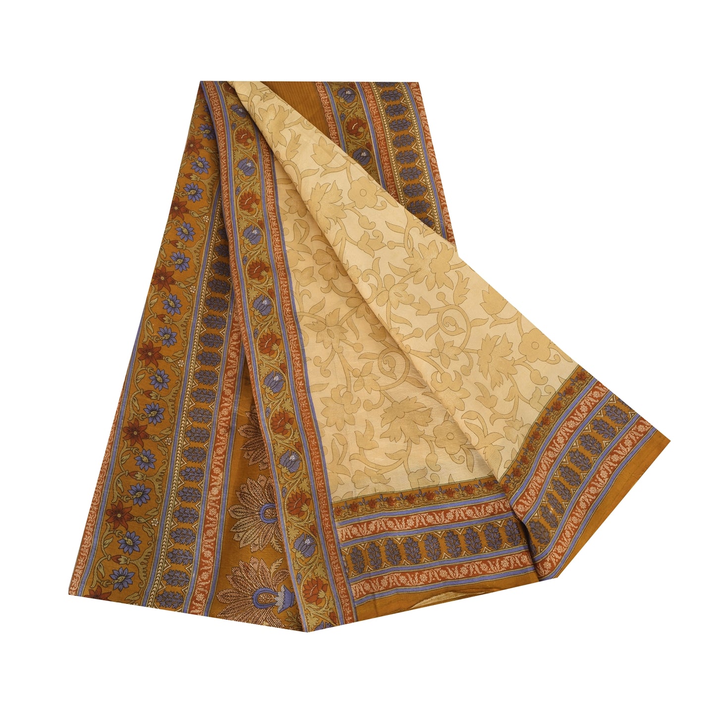 Sanskriti Vintage Sarees Beige Indian Pure Silk Printed Sari 5yd Craft Sustainable Fabric