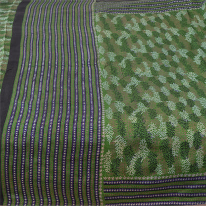 Sanskriti Vintage Sarees Green Indian Pure Silk Printed Sari 5yd Craft Sustainable Fabric