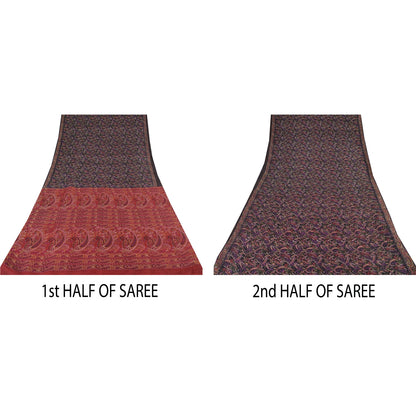 Sanskriti Vintage Sarees Indian Black/Red Pure Silk Print Sari 6yd Craft Sustainable Fabric