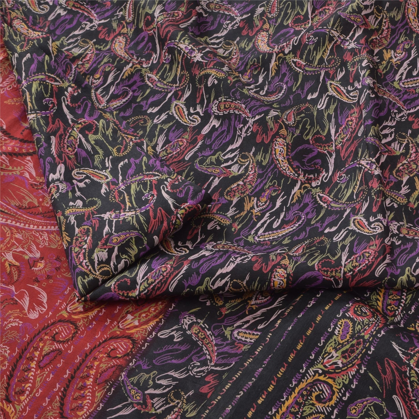 Sanskriti Vintage Sarees Indian Black/Red Pure Silk Print Sari 6yd Craft Sustainable Fabric