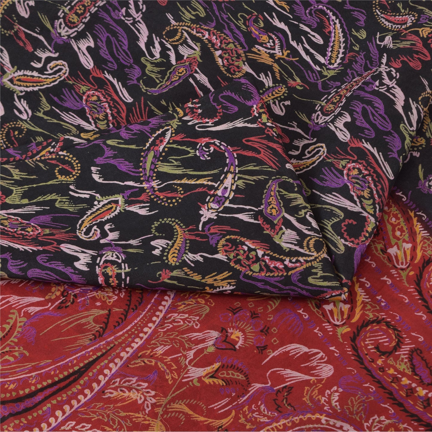Sanskriti Vintage Sarees Indian Black/Red Pure Silk Print Sari 6yd Craft Sustainable Fabric