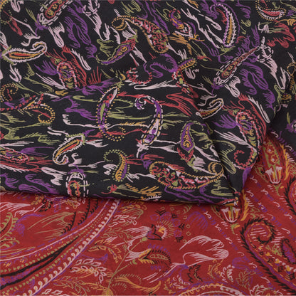 Sanskriti Vintage Sarees Indian Black/Red Pure Silk Print Sari 6yd Craft Sustainable Fabric