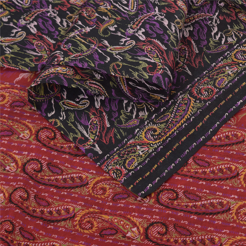 Sanskriti Vintage Sarees Indian Black/Red Pure Silk Print Sari 6yd Craft Sustainable Fabric
