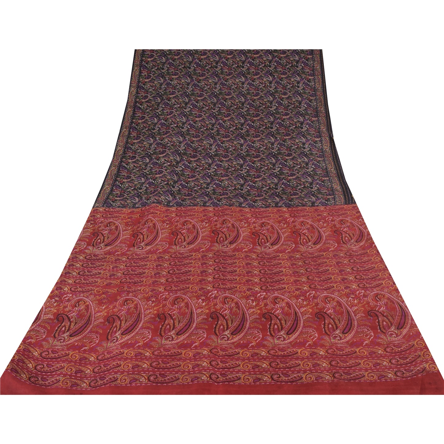 Sanskriti Vintage Sarees Indian Black/Red Pure Silk Print Sari 6yd Craft Sustainable Fabric