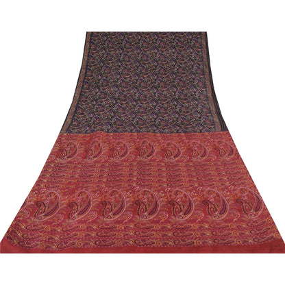 Sanskriti Vintage Sarees Indian Black/Red Pure Silk Print Sari 6yd Craft Sustainable Fabric